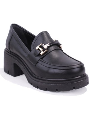 Dagoster DZA07-807890 Siyah Günlük 5 cm Kalın Topuklu Loafer Kadın Ayakkabı