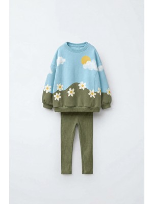 Magu Kız Çocuk Pamuklu Papatya Desenli Mavi Sweatshirt ve Tayt Takımı