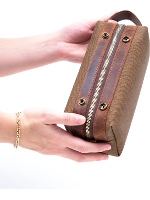 Gillario Design 06 Unisex Kanvas Kumaş+Deri Sütlü Kahve-Taba Eskitme Dopp Kit