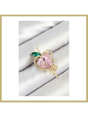 Bezos Pembe ve Yeşil Zirkon Taşlı 3D Eriyen Kalp Figürlü Gold Renk Kadın Broş Za