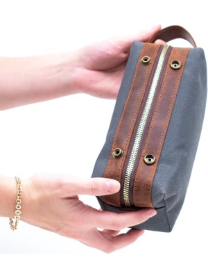 Gillario Design 06 Unisex Kanvas Kumaş+Deri Füme-Taba Eskitme Dopp Kit