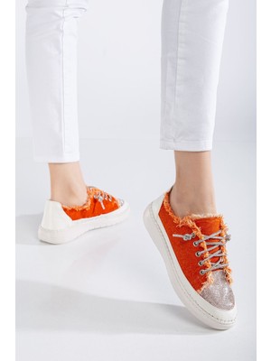 Neva Taşlı Düz Taban Kadın Turuncu Kot Sneakers