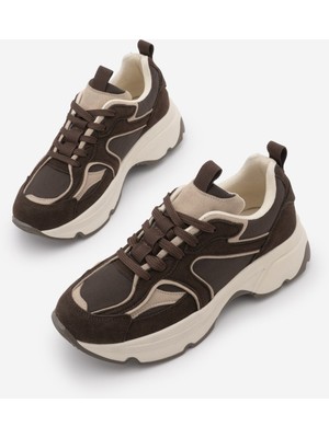 Marjin Kadın Sneaker Yüksek Kalın Taban Çok Parçalı Bağcıklı Spor Ayakkabı Merita Kahve Süet