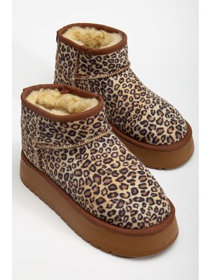 Mini Leopar Süet Yarım Bot Içi Tüylü Düz Taban Kadın Ayakkabı