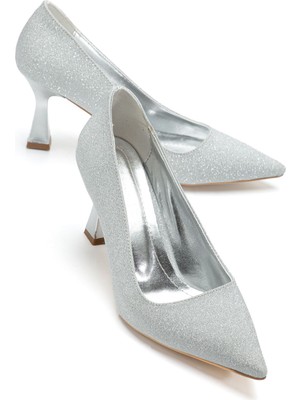 Kadın Gümüş Simli Sivri Burun Ince Topuklu Stiletto