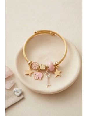 İlkyaz Fashion If Anahtar ve Fil Model Pembe Charmlı Bileklik TCXBB8753
