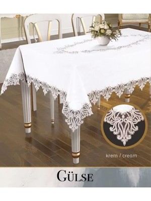 Aydogan's Gülse Model Keten Tek Masa Örtüsü 155X260 cm Krem Dantelli Yemek Masası