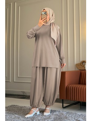Suede Style 6574 - Şık Rahat Örgü Modal Kumaş Salaş Pantolon Paça Lastik Detaylı Kadın Takım