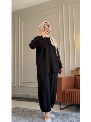 Suede Style 6574 - Şık Rahat Örgü Modal Kumaş Salaş Pantolon Paça Lastik Detaylı Kadın Takım