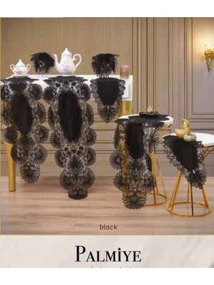 Aydogan's Palmiye Model Siyah Keten Masa Örtüsü Runner Seti Çeyizlik Salon Takımı 7 Parça Şık Tasarı
