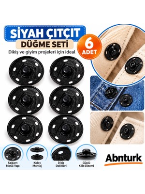 Abnturk 6 Adet Büyük Boy Çıtçıt 24MM Siyah Renk Metal Dikmeli Çıtçıt Dayanıklı Malzeme Güçlü Kavrama