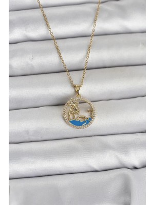 Aydogan's 316L Çelik Zincir Gold Renk Zirkon Taşlı Deniz Temalı Kadın Kolye - Bayi Depom