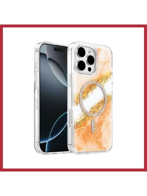 Bezos Onegif iPhone 16 Pro Max Uyumlu Lotus Simli Magsafe Kapak - Turuncu Strsnl
