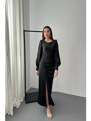 Maxi Modena Maximodena Siyah Yanı Büzgülü Yırtmaçlı Saten Elbise