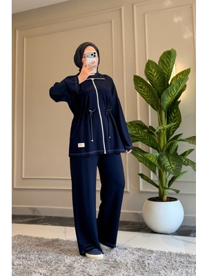 Suede Style 6721 - Şık Rahat Salaş Viskon Yumuşak Modal Kumaş Bel Büzgü Detaylı Fermuarlı Kadın Takım