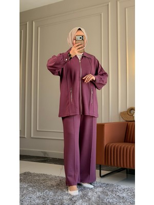 Suede Style 6420 - Şık Rahat Süprem Örgü Modal Salaş Fermuarlı Geniş Yaka Cep Detaylı Kadın Takım