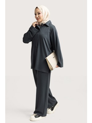 Suede Style 6477 - Şık Rahat Modal Yumuşak Kumaş Gömlek Yaka Kadın Takım