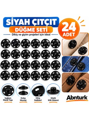 Abnturk 24 Adet Çıtçıt 16MM Siyah Renk Metal Dikmeli Çıtçıt Dayanıklı Malzeme Güçlü Kavrama