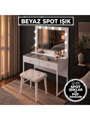 Rani BJ164 Hollywood Işıklı Aynalı Kulis Makyaj Masası Cam Tablalı 2 Çekmeceli Takı Düzenleyici Puf Takım Beyaz