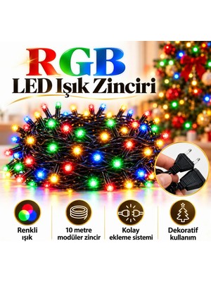CoverZone Siyah Kablolu RGB Çok Renkli LED Işık Zinciri 8 Modlu Birbirine Eklenebilir Fişli Yılbaşı Ağacı Balkon Bahçe ve Dekoratif Süs Aydınlatması
