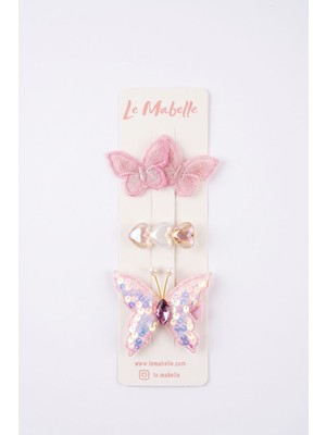 Le Mabelle Pembe  Kelebek Temalı 3'lü Kız Çocuk Klips Toka Set
