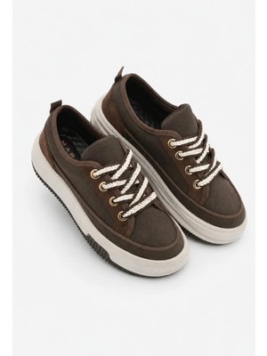 Marjin Kadın Yüksek Kalın Taban Sneaker Bağcıklı Spor Ayakkabı Hesna Kahve Keten