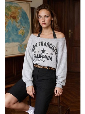 Hiccup Kadınlar 2'li Asimetrik Yaka Baskılı Oversize Sweatshirt Gri