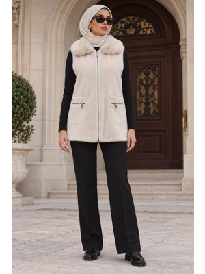 Sevitli Angora Cepli Yelek-Bej