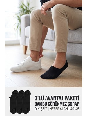 Lykos Erkek Siyah Bambu Görünmez Sneaker Çorap 3'lü Paket Dikişsiz Burun