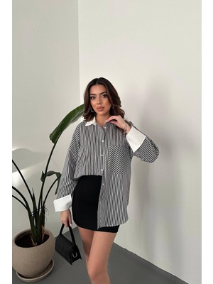 Maxi Modena Siyah Çizgili Poplin Uzun Kol Gömlek