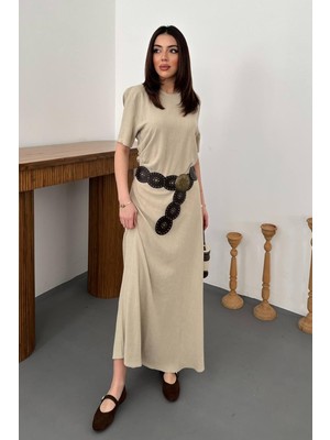 Maxi Modena Bej Pileli Bisiklet Yaka Elbise