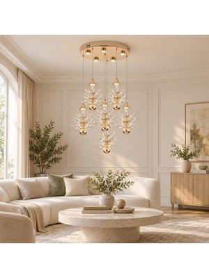 Serap 6'lı 65 Watt 3000K Yuvarlak Gold Kristal Taşlı Ledli Salon Avize