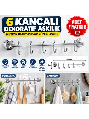 Urfakent 6 Kancalı Dekoratif Askılık Mutfak Banyo Duvar Yüzeyi Askısı