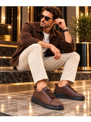 Ehil Premium Hakiki Deri Erkek Günlük Sneaker Bağcıklı Kalın Taban Ayakkabı