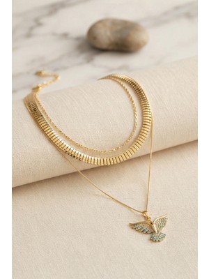 Str Store Pirinç Gold Renk Anka Kuşu Objeli Yılan Zincir Detaylı Kadın Kolye Kombini
