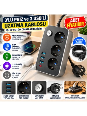 Str Store Isıya Dayanıklı Termal Akım Korumalı 2 mt 10A 2500W 3lü Priz ve 3 Usbi 21A Uzatma Kablosu (Adet Fiyatıdır)