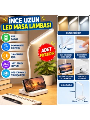 Urfakent Ince Uzun Usbli Dokunmatik 3 Kademeli 360 Derece Özel Göz Korumalı LED Lityum Masa Lambası (Adet Fiyatıdır)