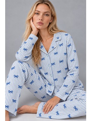 Kadın Gömlek Yaka Desenli Mavi Pijama Takımı 4816