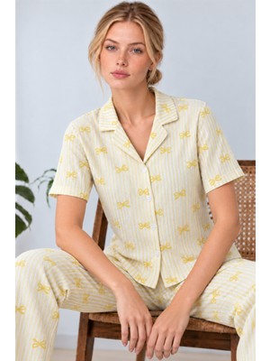 Kadın Gömlek Yaka Desenli Ikili Sarı Pijama Takımı 4795