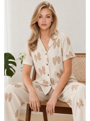 Kadın Kısa Kol Desenli Ekru Pijama Takımı 4739