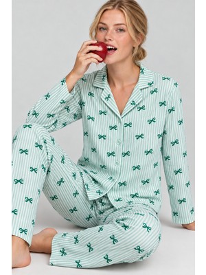 Kadın Kurdela Desenli Bol Yeşil Pijama Takımı 4799