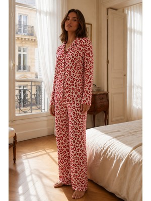 Kadın Gömlek Yakalı Rahat Ev Giyimi Kırmızı Pijama Takımı