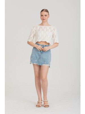 Nilya Zarif Ajurlu Dokulu Beyaz Crop Triko Bluz – Standart Beden - Beyaz