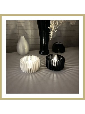 Bezos 3D Baskı Modern Çizgili Mumluk - Tealight Mumluk (1 Adet)-Beyaz Za