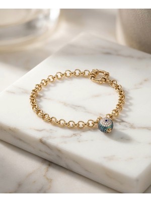 Triya Wear Studio Triya Studio Gold Gemi Zincirli Nazar Boncuklu Kadın Bileklik – Taşlı Küre Charm 316L Çelik Lüks Gemici Kilitli Bileklik
