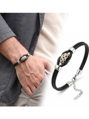 Moncuk Design Dalmaçya Doğal Taşlı Çelik Ayarlanabilir Deri Erkek Bileklik 33512B14D10