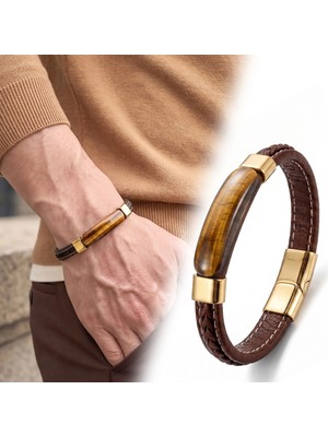 Moncuk Design Kaplan Gözü Titan Doğal Taşlı Deri Çelik Erkek Bileklik 33512B1D14