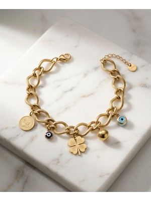 Triya Wear Studio Triya Studio Gold Yonca Charm Kadın Bileklik – Dokulu Burgu Zincir Sikke & Nazar Boncuklu Çelik Lüks 316L Bileklik
