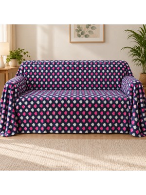 Ecotton Works 3 Kişilik Kalpli Polar Koltuk Örtüsü 180X300 cm – Lacivert Pembe Beyaz Desenli Ince Yumuşak Kanepe Örtüsü