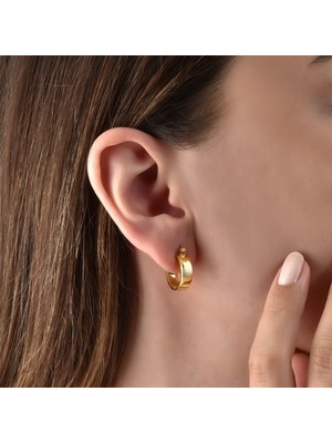 Nox Jewelry 14 Ayar Altın Kaplama 925 Ayar Gümüş Düz Geniş Bantlı Parlak Klasik Halka Kadın Küpe